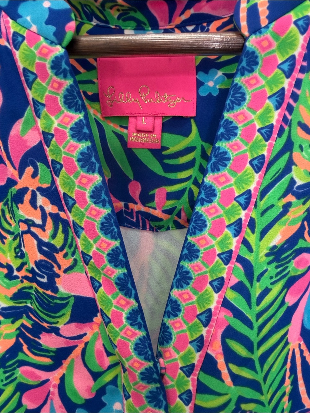 Lilly Pulitzer Sleeveless Blue & Pink Tropical Print Tiered Dress Size Large - Picture 11 of 14